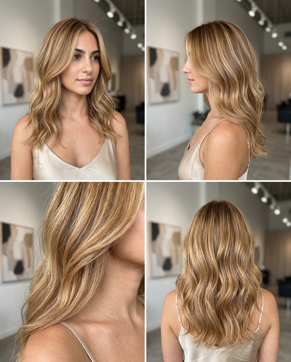 long honey blonde balayage with golden caramel, soft waves — natural summer