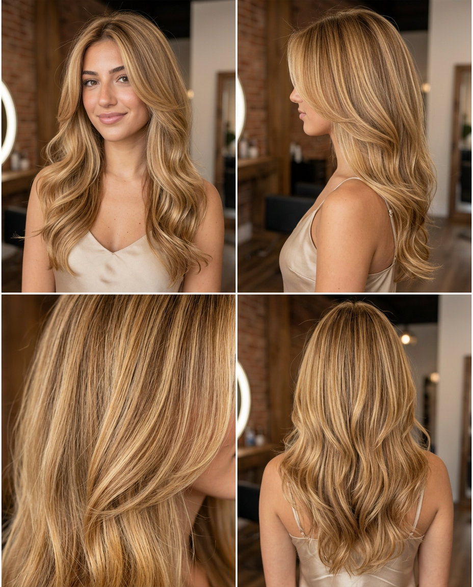 long honey blonde hair with golden balayage and V-cut shape for date nights