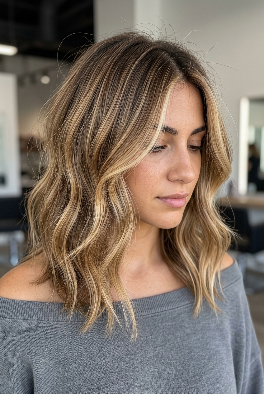 shoulder-length warm honey balayage lob with face-framing layers for beach days