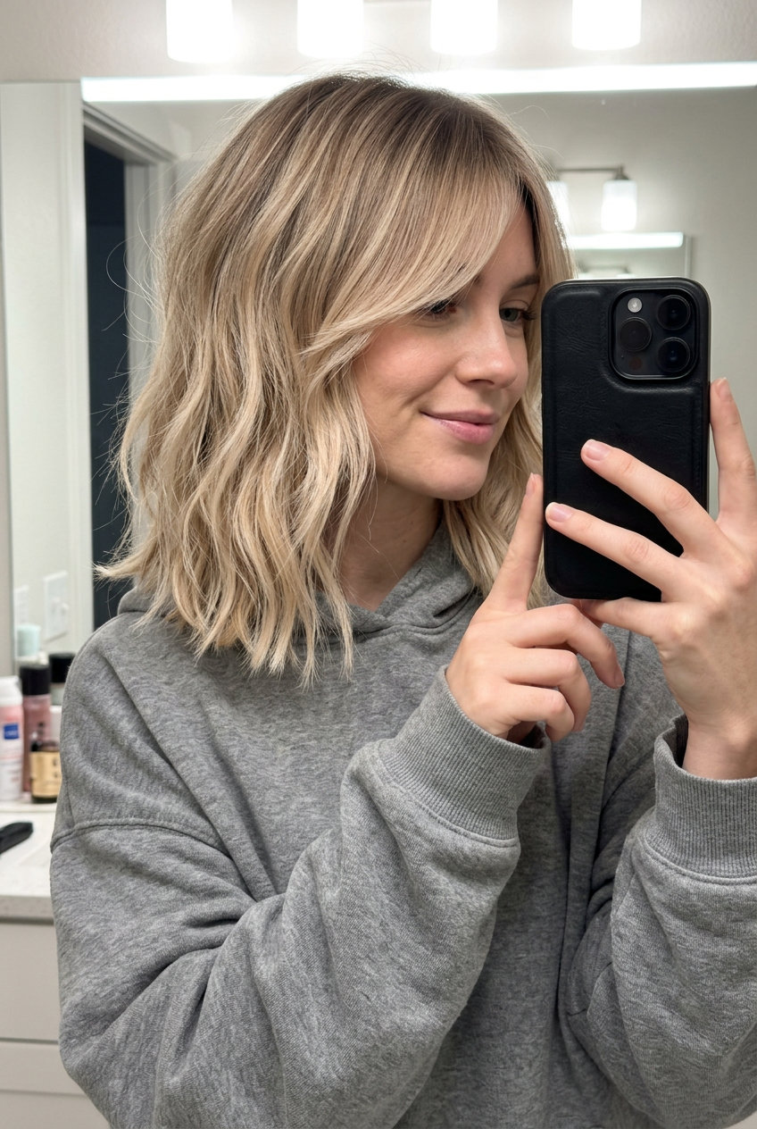 collarbone-length lob with iced chai blonde, root melt and side-swept fringe for modern chic