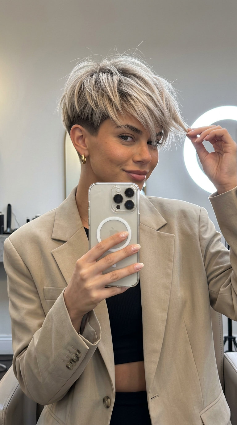 short iced chai blonde crop with undercut and textured top for festivals