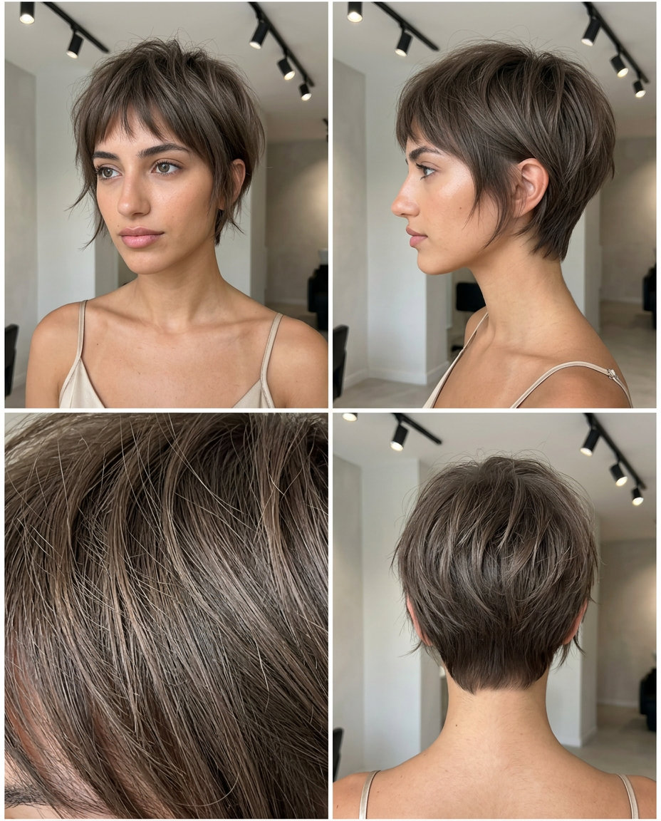 short crop with deep iced mocha brunette, wispy micro-bangs, tapered nape — edgy summer hair