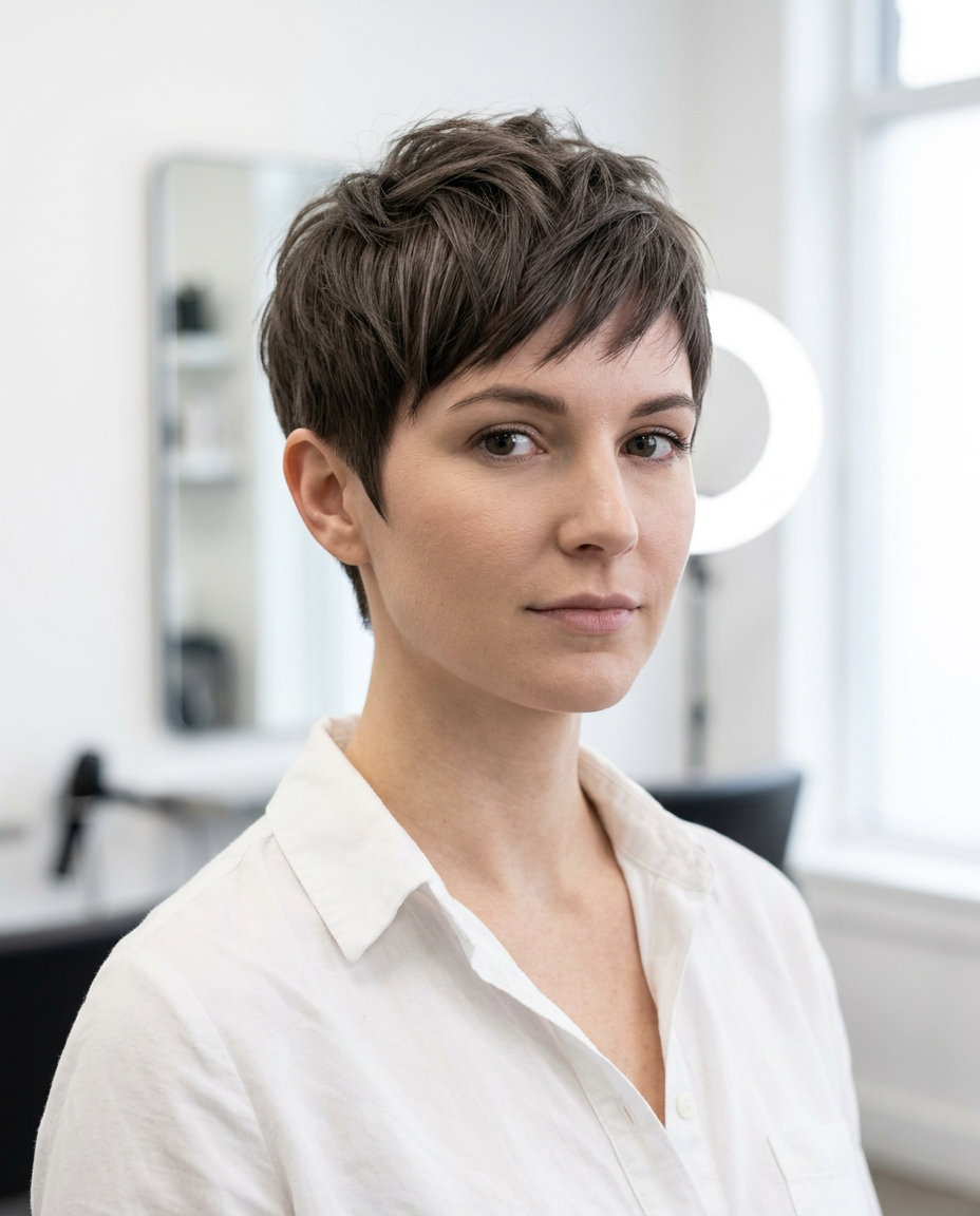 short iced mocha pixie cut with razored edges and choppy fringe for edgy chic