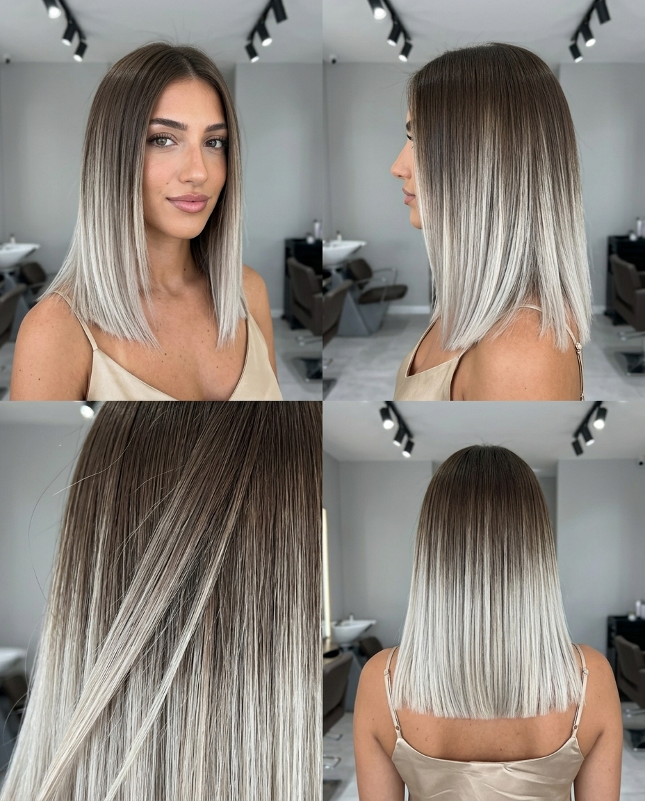 short icy ash dip-dye with neutral brown base, no fringe — graphic