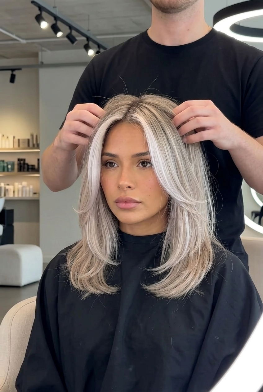 long ash blonde with icy ash hairline, foilayage — bright playful vacation