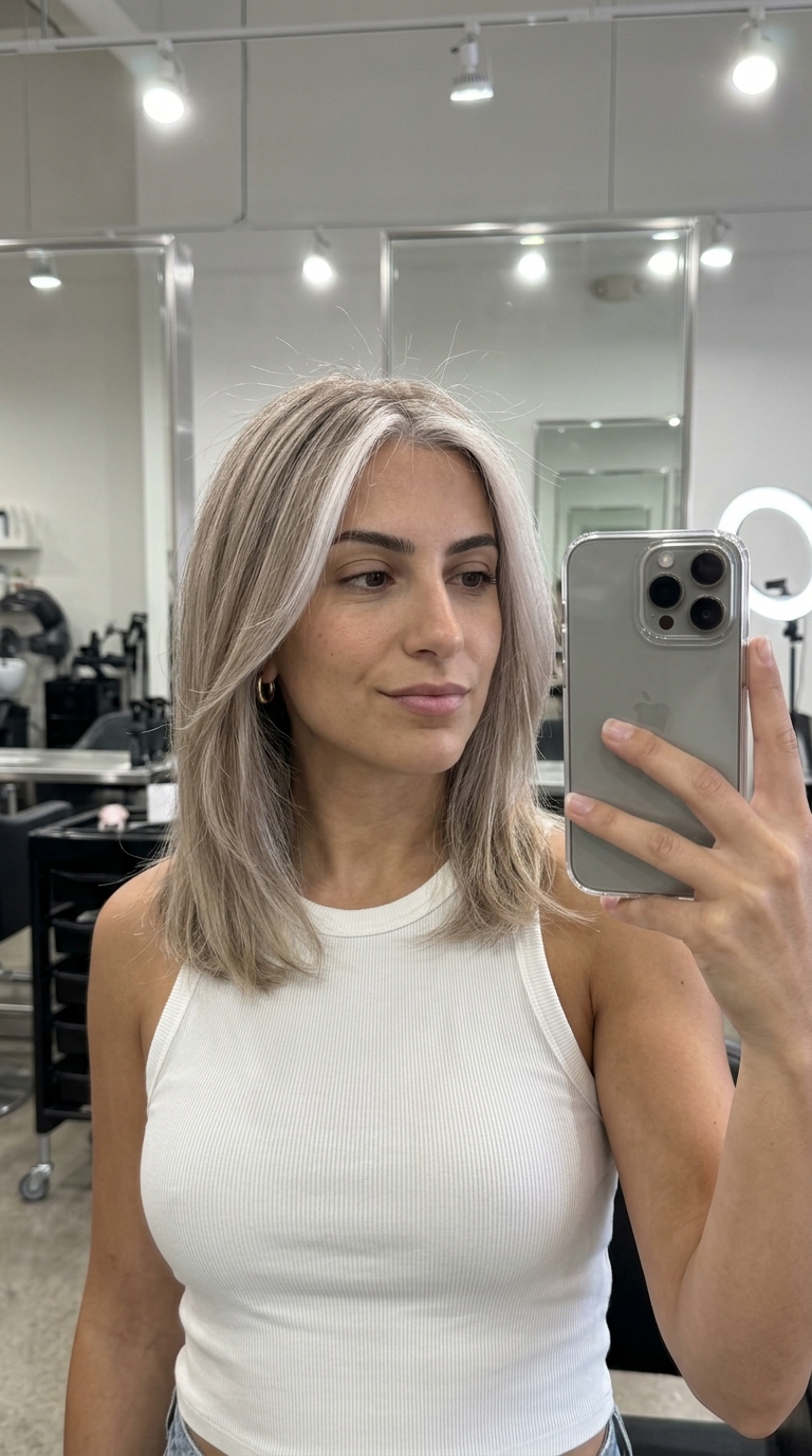 long icy ash blonde hairline with neutral ash base, mini-foil — professional sophistication