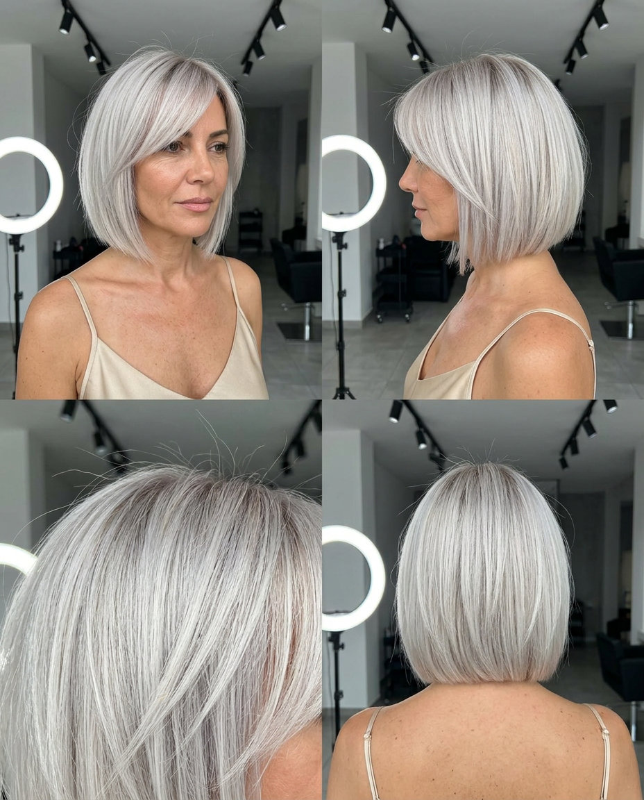 chin-length icy platinum bob with cool silver toner and shattered edge for summer