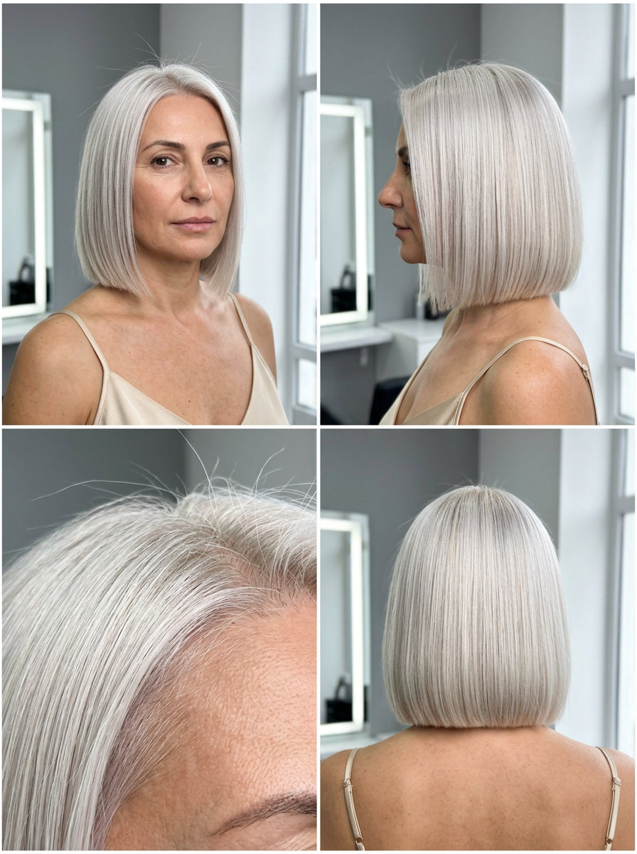 chin-length icy platinum bob with razor-sharp perimeter for summer