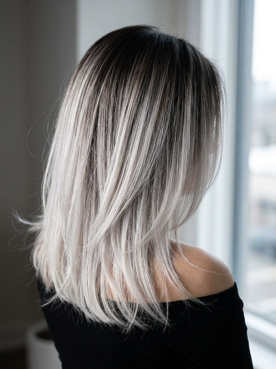 long layered icy platinum ombre with silver undertones, high-contrast blend, no fringe — modern grunge