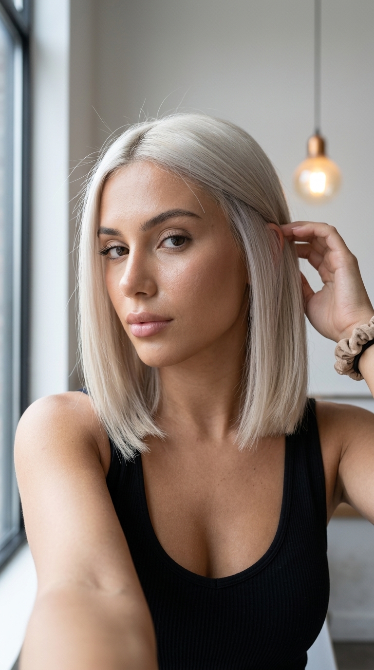 medium blunt cut haircut with icy platinum blonde and ash root smudge for summer