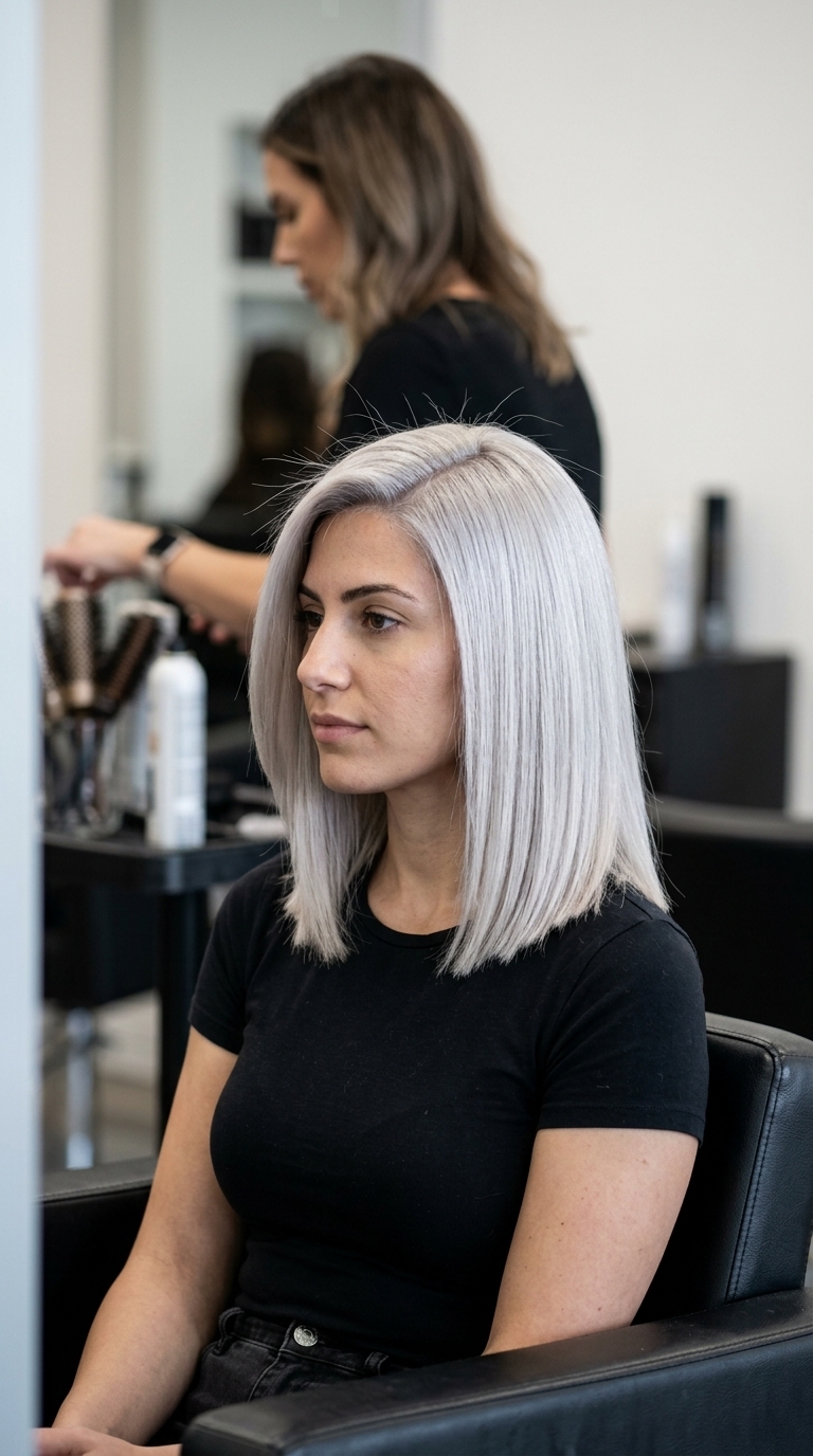 medium blunt midi haircut in icy platinum blonde with cool silver tones, sharp perimeter, deep side part — bold glamorous