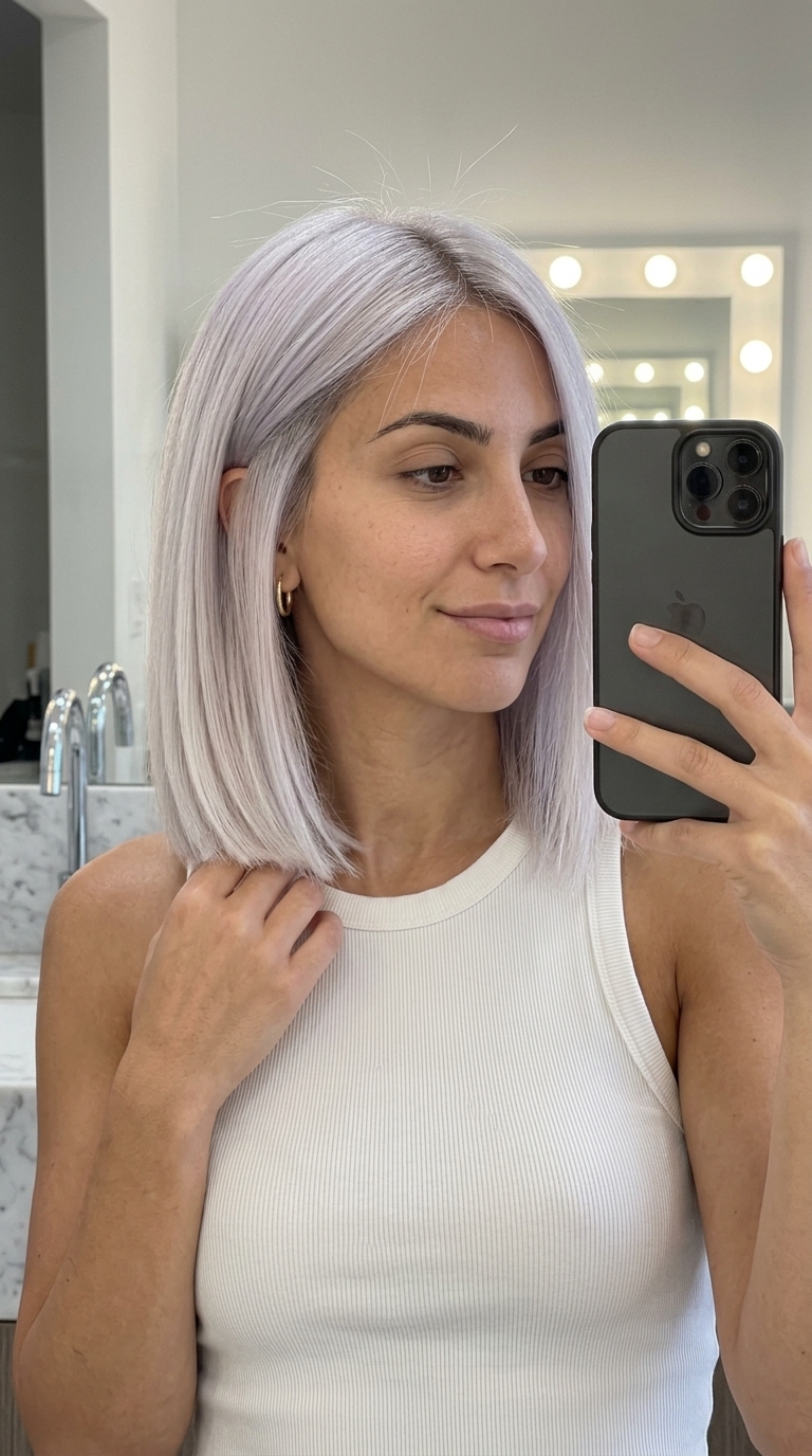 medium blunt bob haircut in icy platinum blonde with cool silver undertones, sharp perimeter, deep side part — glamorous