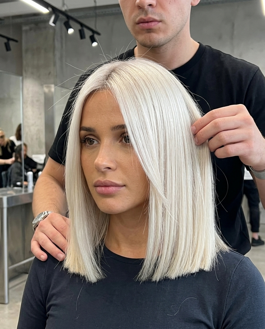 medium blunt lob haircut with icy platinum blonde, razor-sharp cut for night out