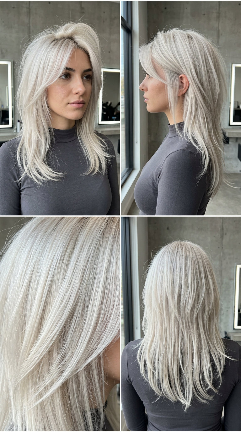medium octopus cut with icy platinum blonde and silver highlights