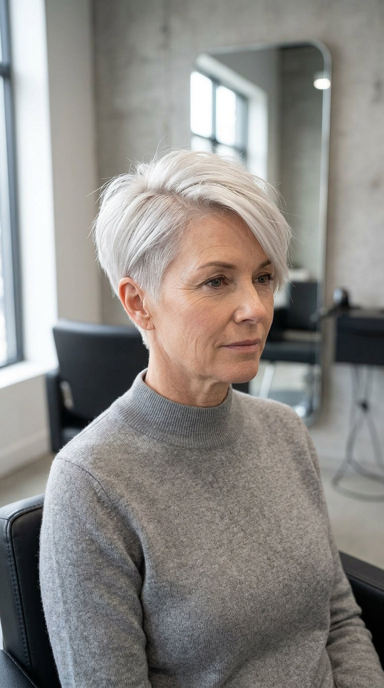 short razored pixie haircut with icy platinum blonde, tapered nape, textured top — bold sophisticated