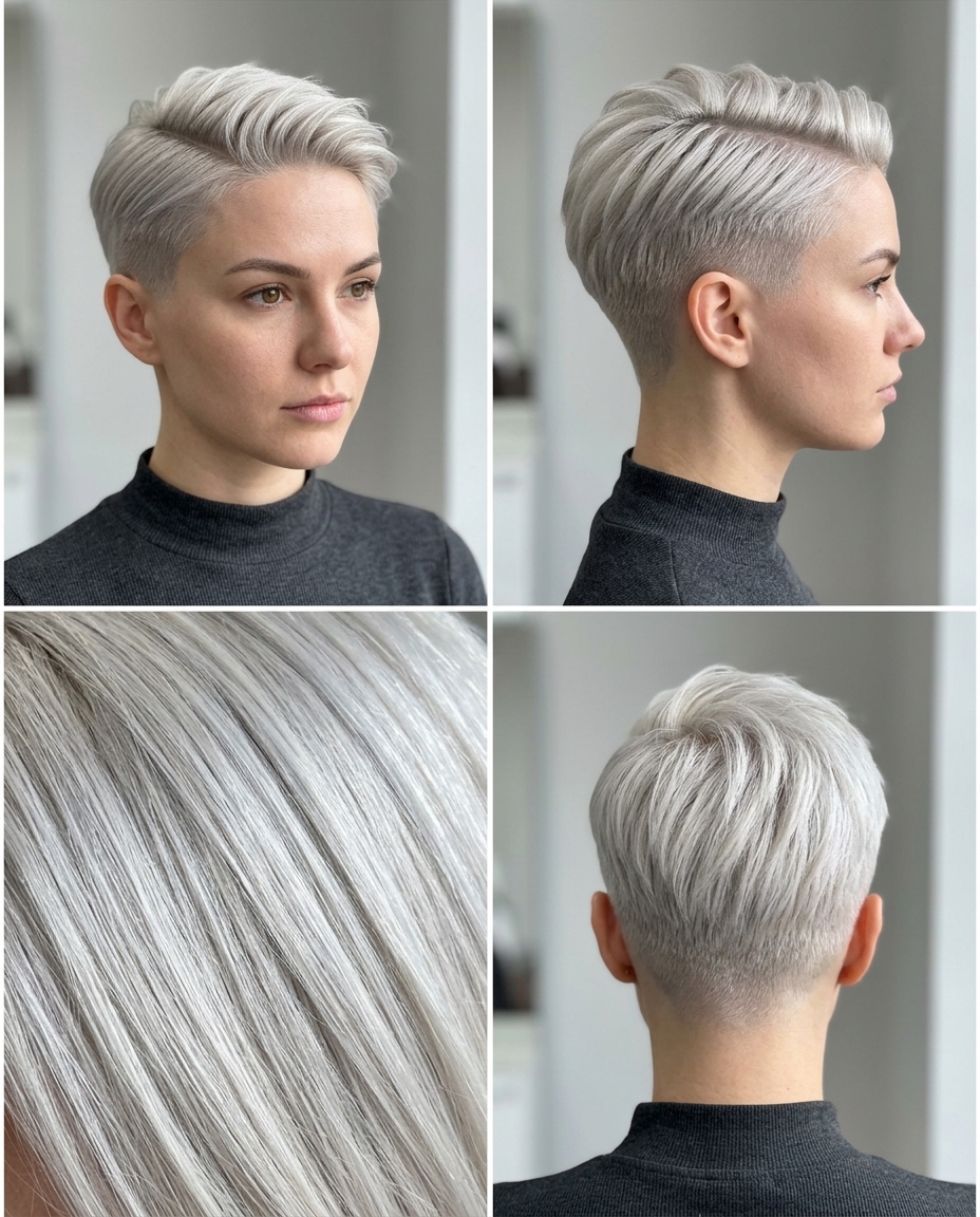 ultra-short pixie haircut with icy platinum blonde, clipper fade, textured top — edgy summer haircut 2026