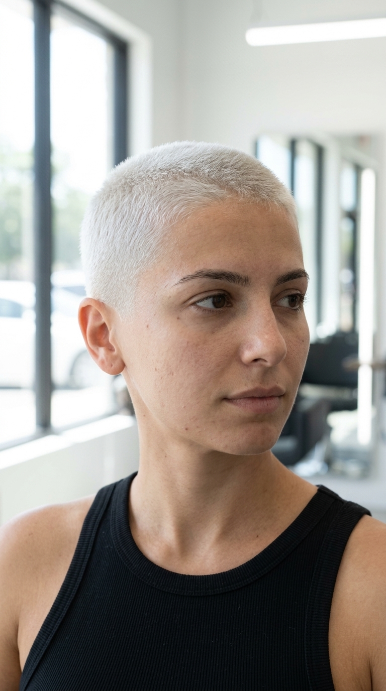 very short buzz cut with icy platinum blonde, skin fade, uniform top — edgy summer haircut 2026