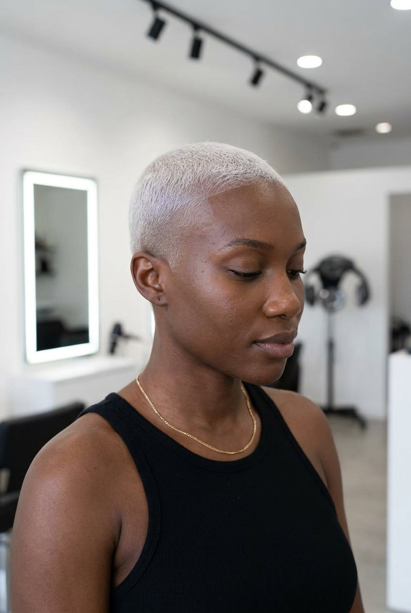 very short buzz cut with icy platinum blonde and violet-ash undertones for edgy looks
