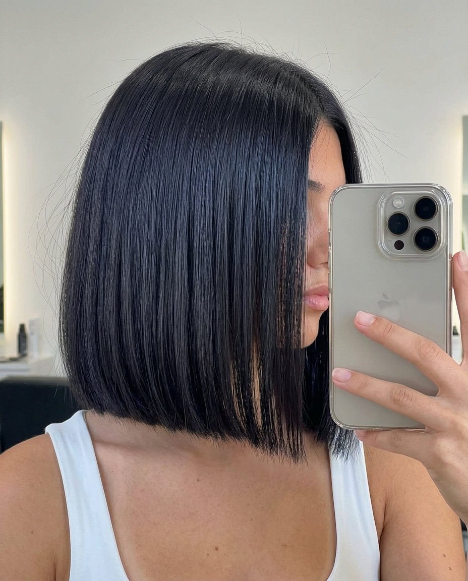chin-length blunt bob with jet black color and sharp perimeter for edgy style