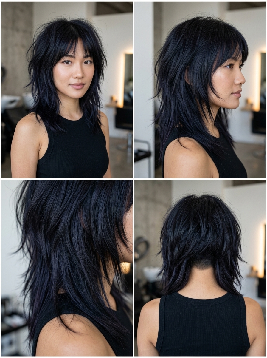 short shag haircut with jet black color, undercut, razored layers, piecey fringe — edgy and bold