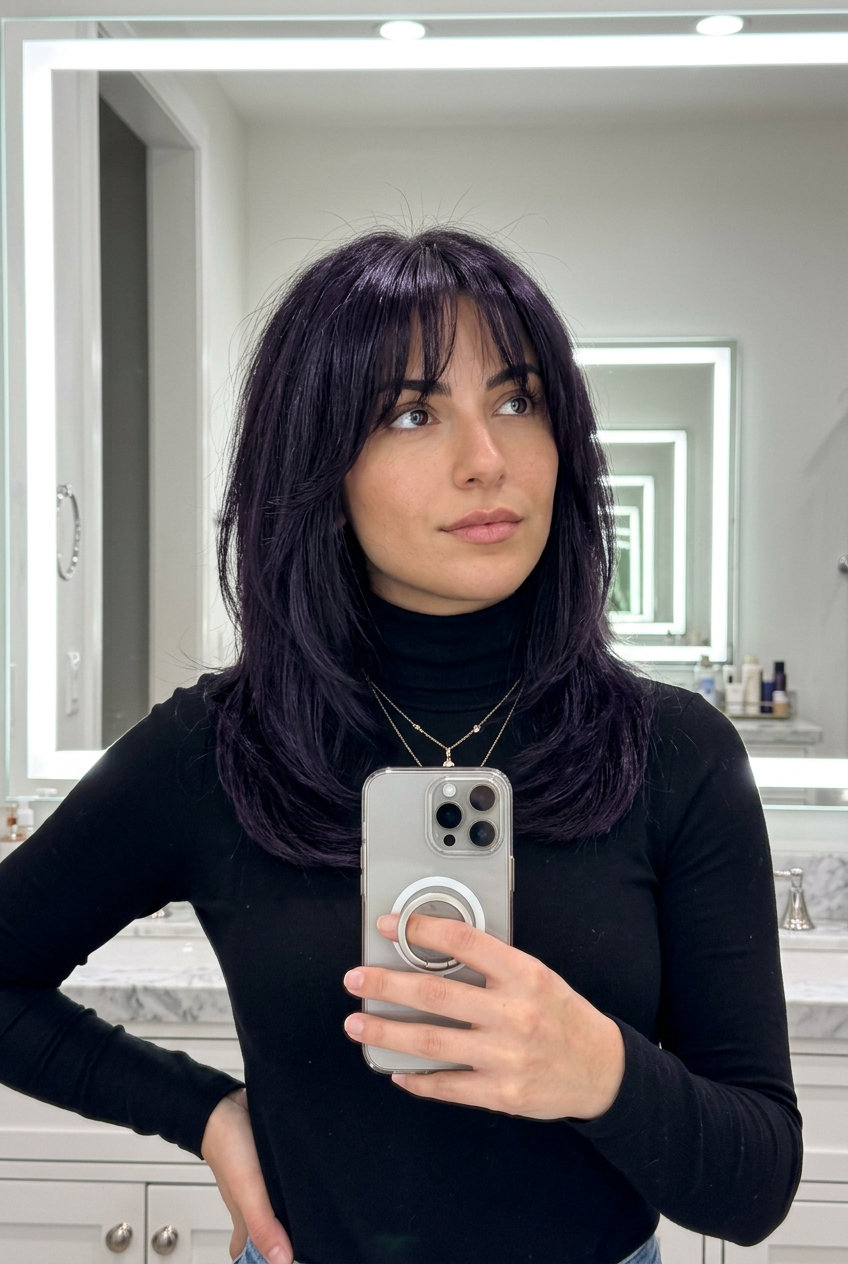 shoulder-length shag haircut with jet black color, wispy bangs, point-cut layers — retro and glamorous