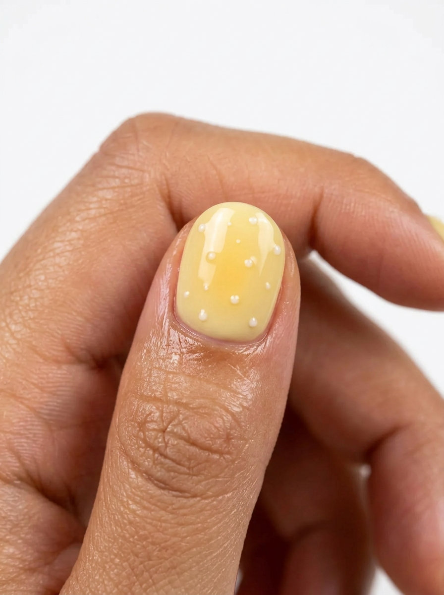 Butter yellow aura dot nails with white dots. June manicure ideas - summer 2026.