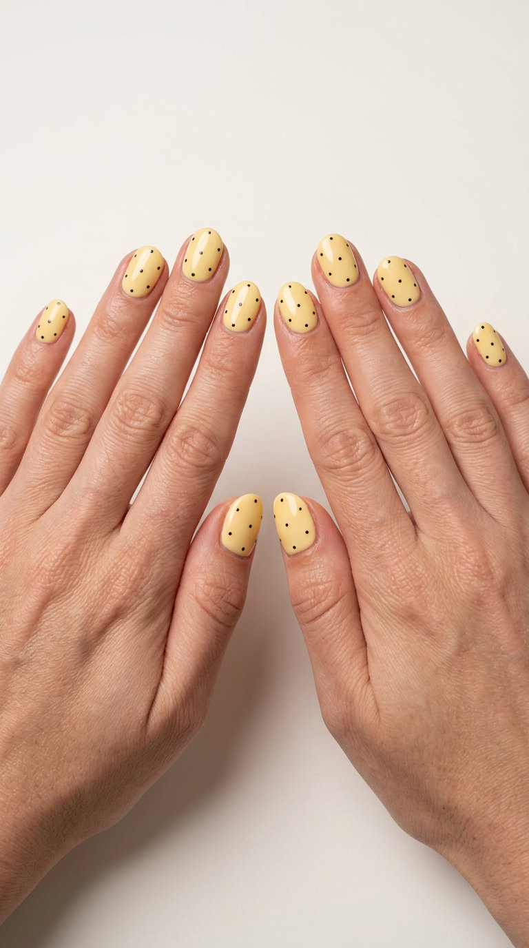 June Manicure Ideas - Summer 2026: Butter Yellow Dots Butter Yellow Dainty Dots Oval Nails: Sweet butter yellow with tiny black dots. June manicure ideas - summer 2026.