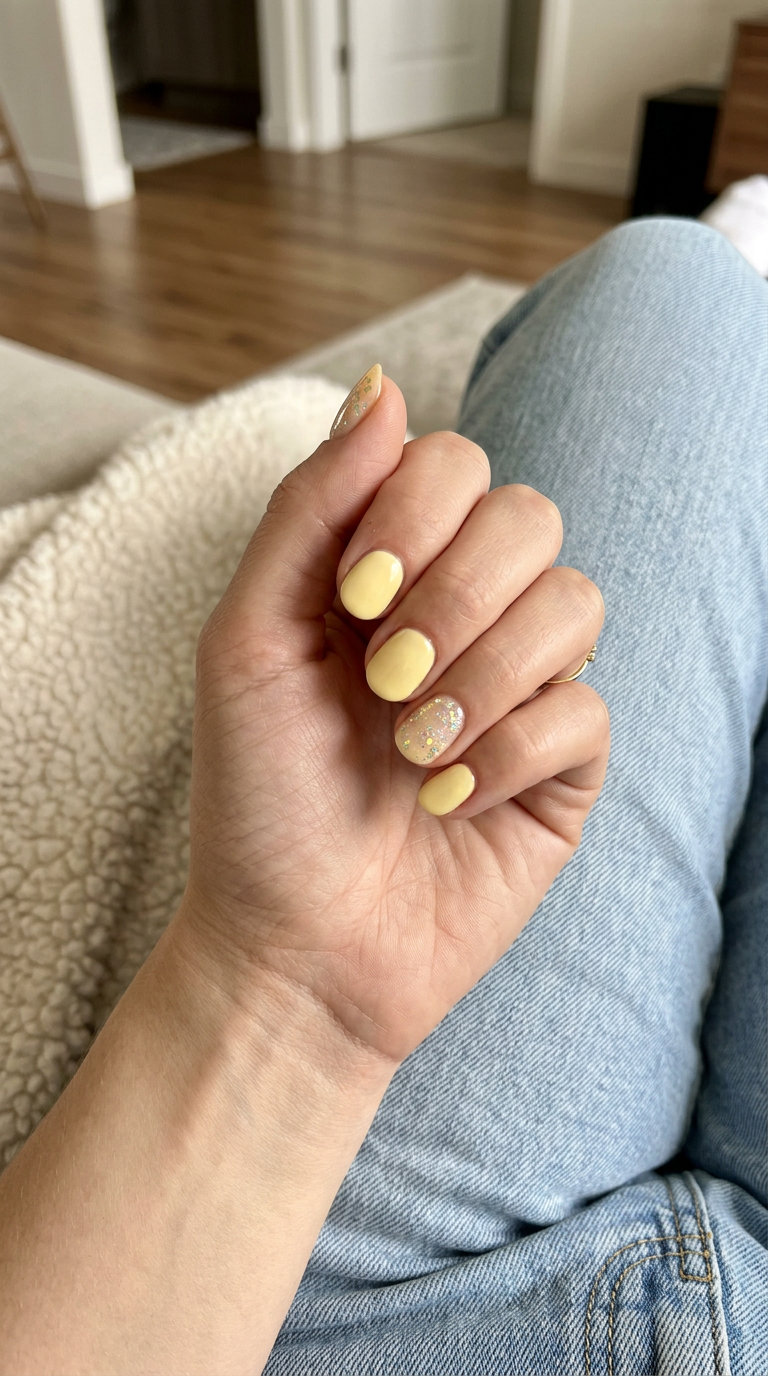 Butter Yellow Glitter Accent Nails 2026 Butter yellow oval nails with holographic glitter accents. June manicure ideas - summer 2026.