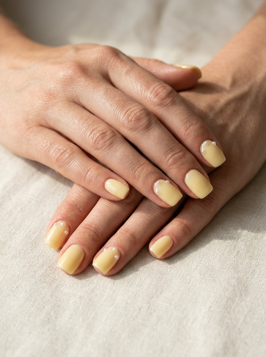 June Manicure Ideas - Summer 2026: Pearl Charm Yellow Butter Yellow Milky Oval with Pearl Charms: Creamy yellow with pearl accents. June manicure ideas - summer 2026.