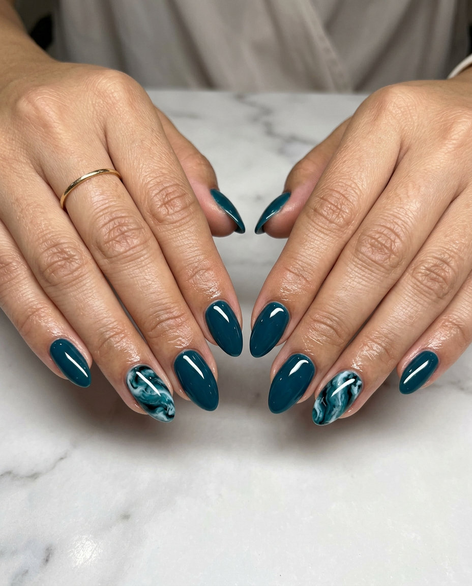 June Manicure Ideas - Summer 2026: Teal Marble Accent Deep Teal Marble Accent Nail: Sophisticated teal marble design. June manicure ideas - summer 2026.