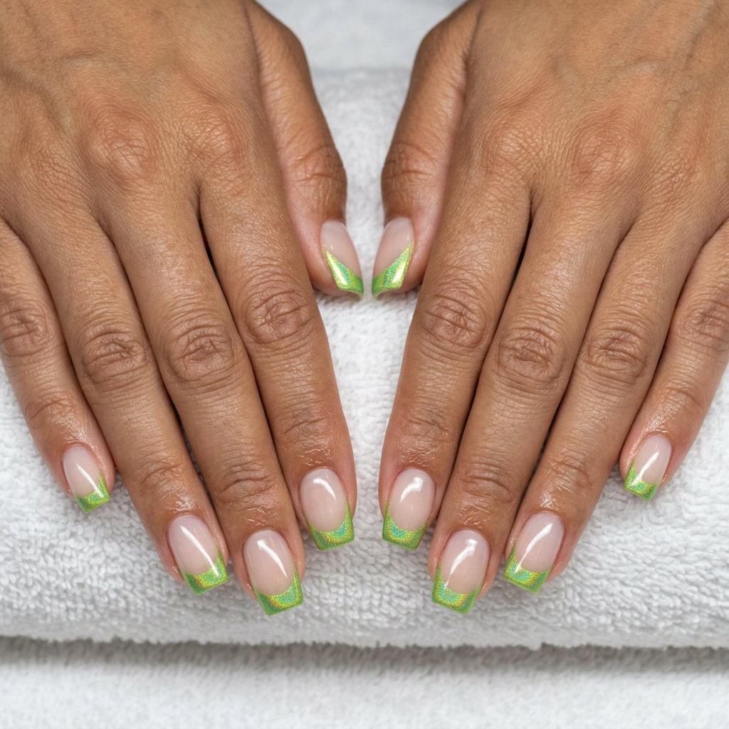 June Manicure Ideas - Summer 2026: Holographic French Prismatic Lime Holographic French Tip: Edgy lime green holographic French. June manicure ideas - summer 2026.