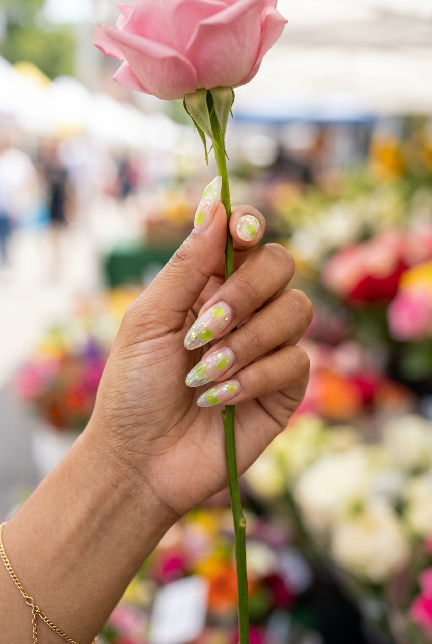 June Manicure Ideas - Summer 2026: Jelly Accents K-Beauty Jelly Accents: Clear nails with lime green jelly accents & shimmer. June manicure ideas - summer 2026.