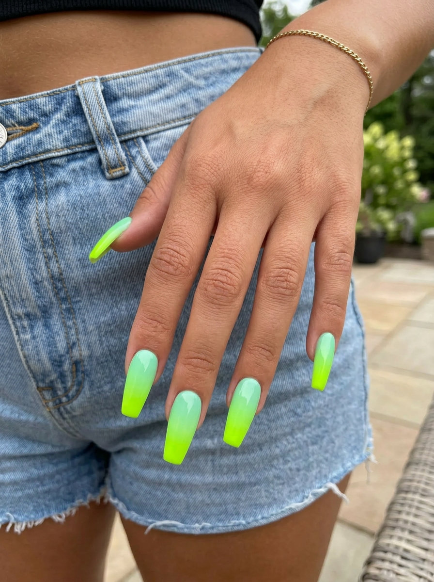 Lime Green Gradient Coffin Nails 2026 Lime green airbrush gradient coffin nails. June manicure ideas - summer 2026.