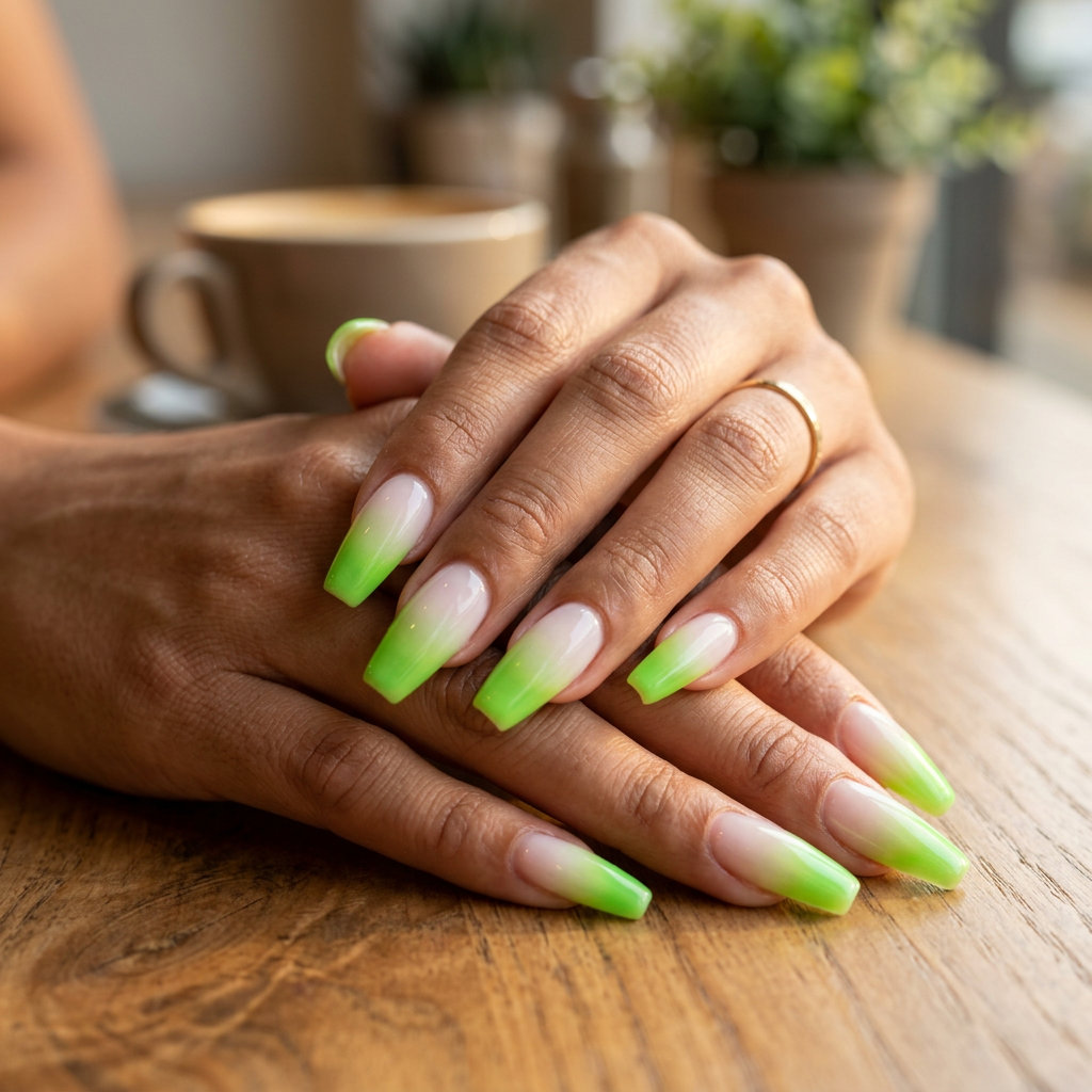 June Manicure Ideas - Summer 2026: Lime Green Aura Ombre Lime Green Aura Ombre Coffin Nails: Vibrant lime green gradient on sheer milky white. June manicure ideas - summer 2026.