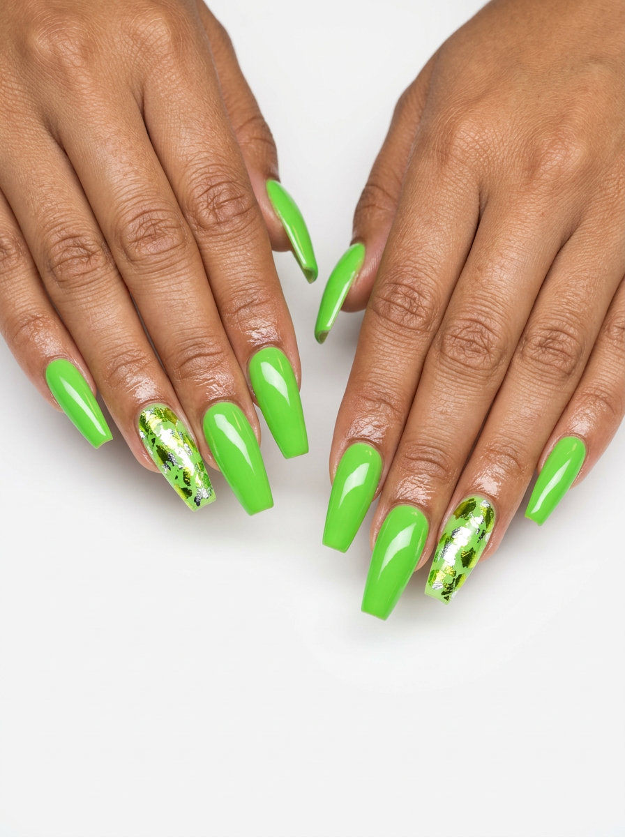 Lime Green Foil Flakes Coffin Nails - Festival Fun 2026 Lime green foil flakes coffin nails for festivals and summer vacations, summer 2026.