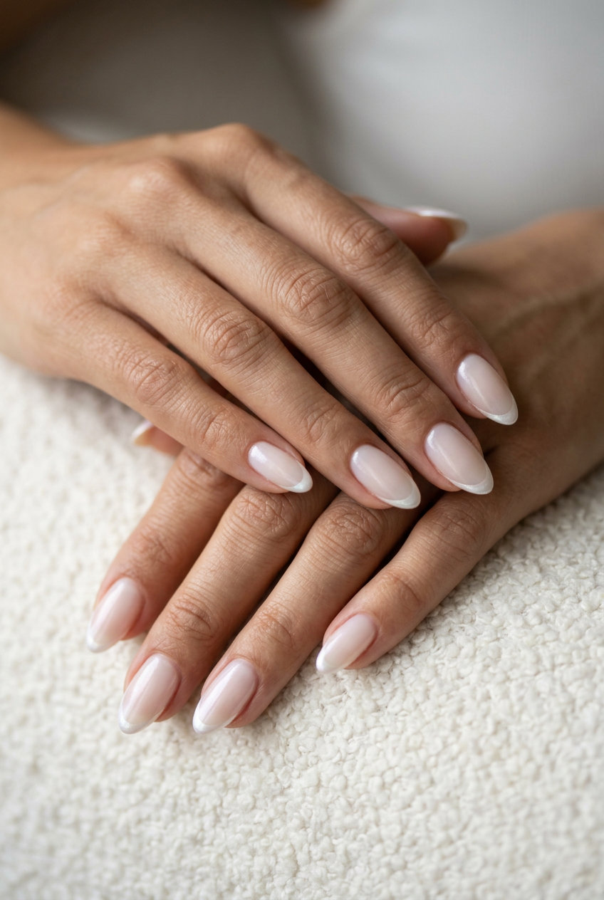 Micro-French Pearlescent Almond Nails 2026 Micro-French pearlescent almond nails. June manicure ideas - summer 2026.