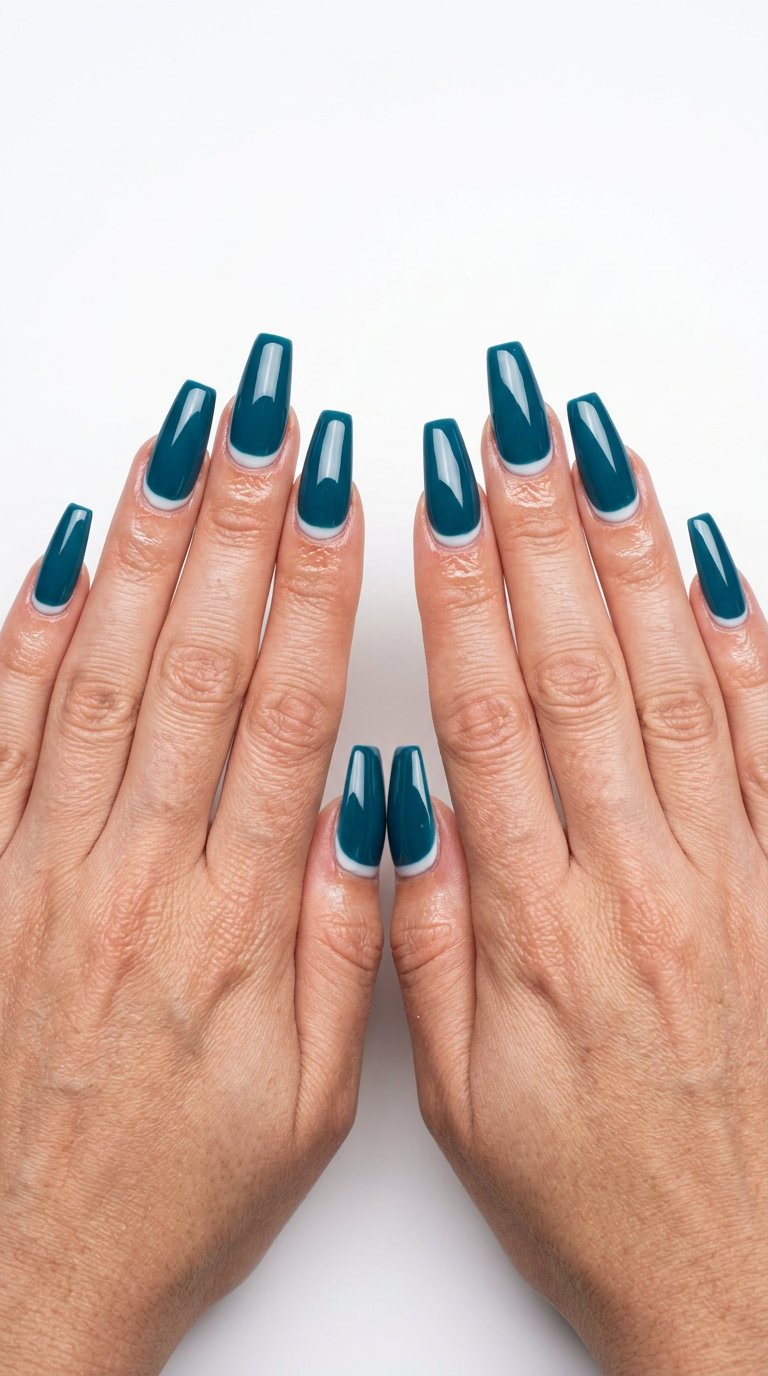 Midnight Contrast French Nails 2026 Midnight contrast French nails in deep teal and white. June manicure ideas - summer 2026.