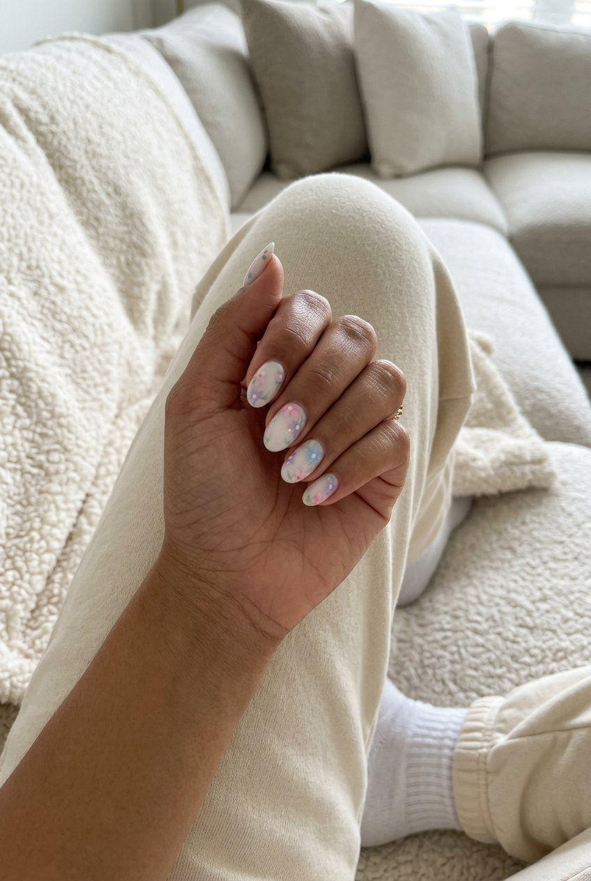 June Manicure Ideas - Summer 2026: Floral Milky White Milky White Hand-Painted Florals: Elegant floral art on milky white. June manicure ideas - summer 2026.