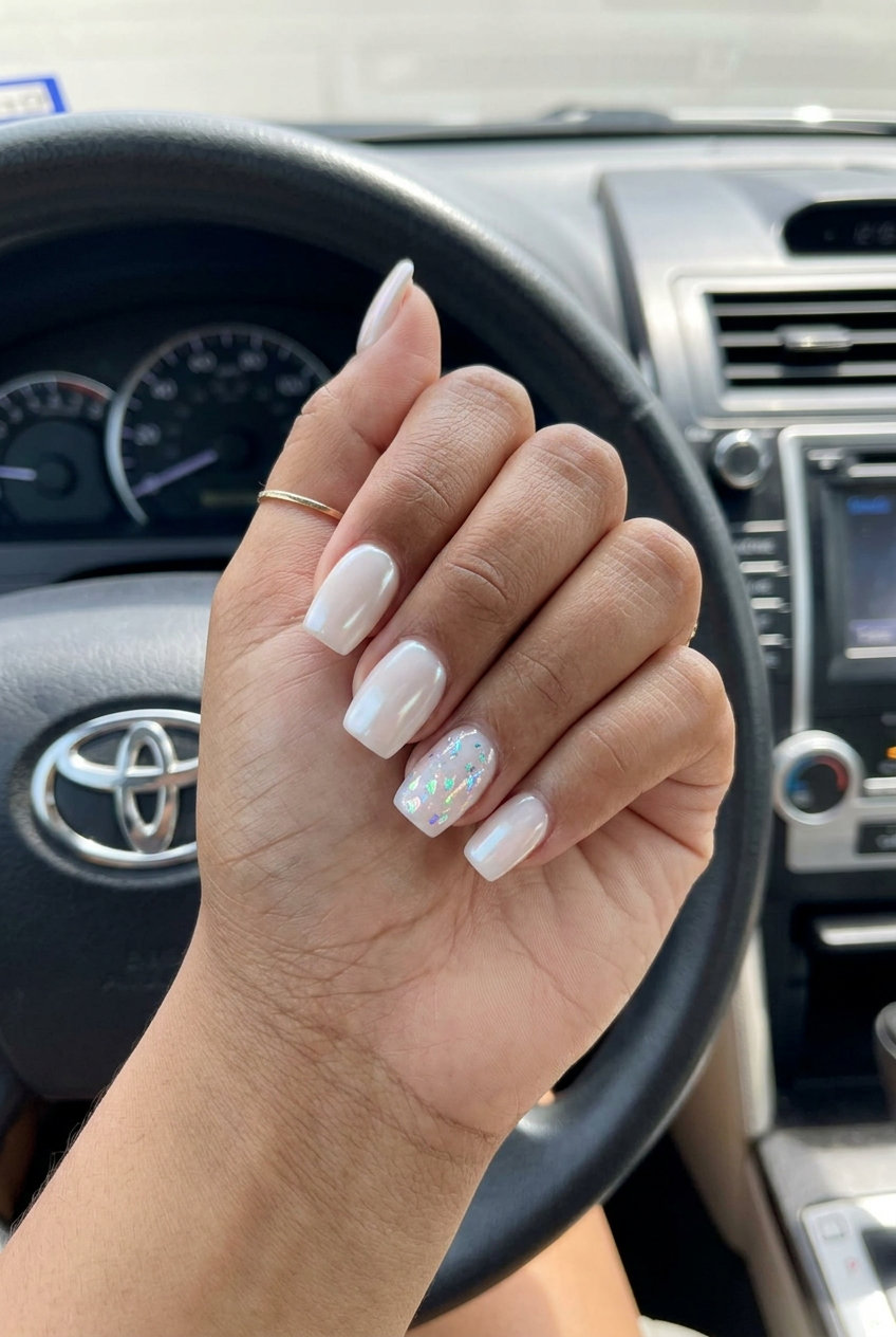 Milky White Glazed Donut Nails - Daily Chic 2026 Milky white glazed donut square nails with foil flakes for daily wear, summer 2026.