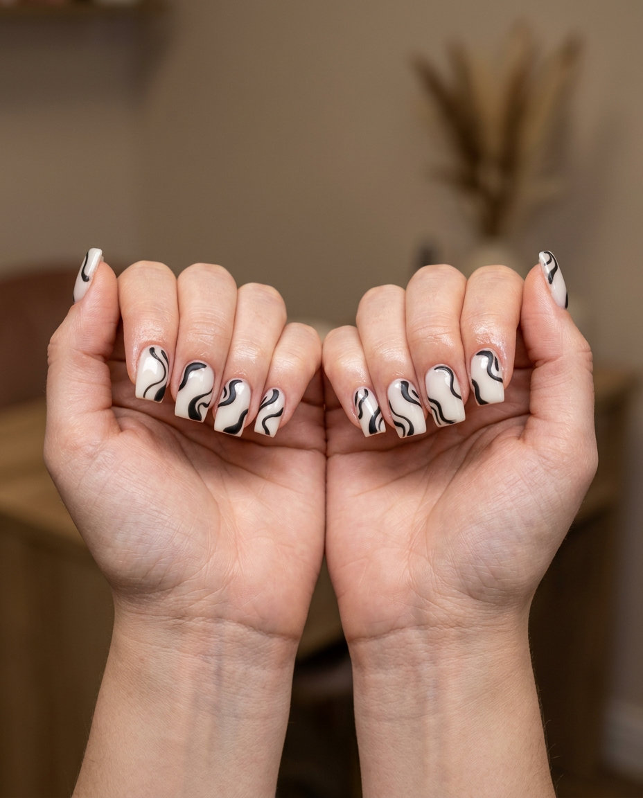 Monochrome Abstract Swirl Nails 2026 Monochrome abstract swirl nails in milky white and matte black. June manicure ideas - summer 2026.
