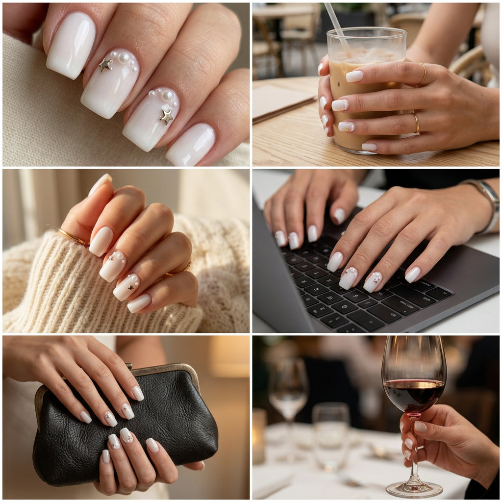 Pearl Embellished Milky Almond Nails - Glamorous 2026 Pearl embellished milky almond nails for weddings and formal events, summer 2026.