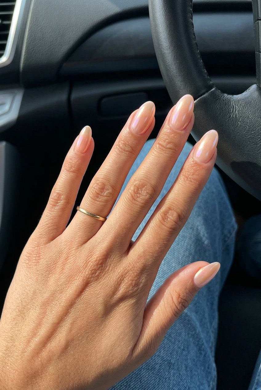 Sunset Glazed Almond Nails 2026 Sunset glazed almond nails in sheer peach with iridescent pearl chrome. June manicure ideas - summer 2026.