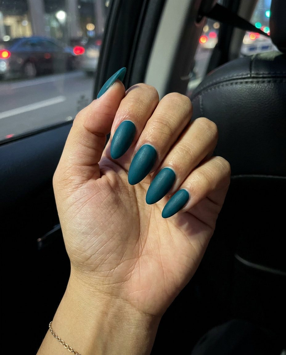 Plush Teal Velvet Coffin Nails - Evening Chic 2026 Plush teal velvet long coffin nails for evening events and date nights, summer 2026.