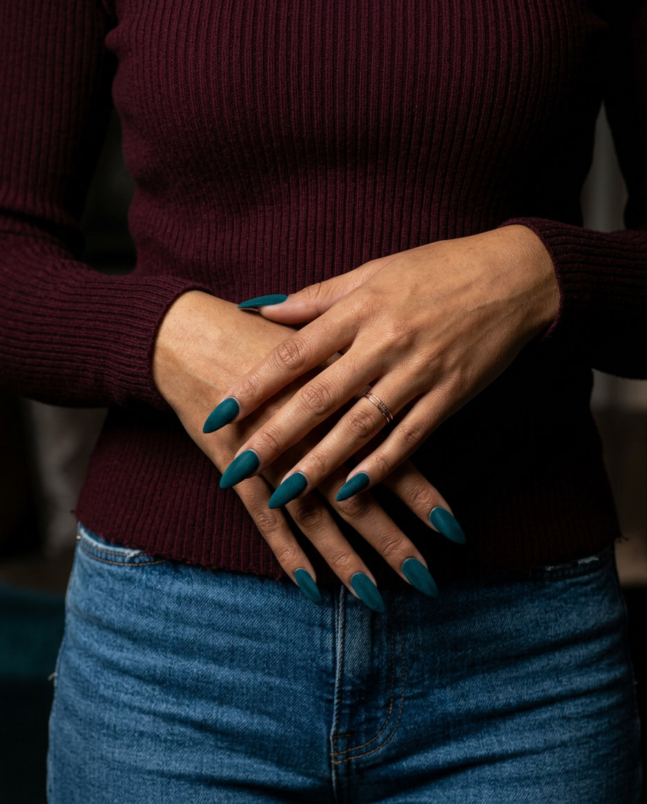 Deep Teal Velvet Stiletto Nails - Sultry Look 2026 Deep teal velvet stiletto nails for date nights and sultry looks, summer 2026.