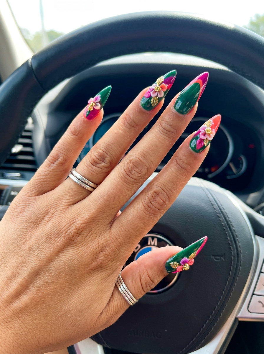 June Nails Ideas 2026: 3D Floral Charm Stilettos 3D Floral Charm Stiletto nails in jungle green for festivals and parties, June nails ideas 2026.