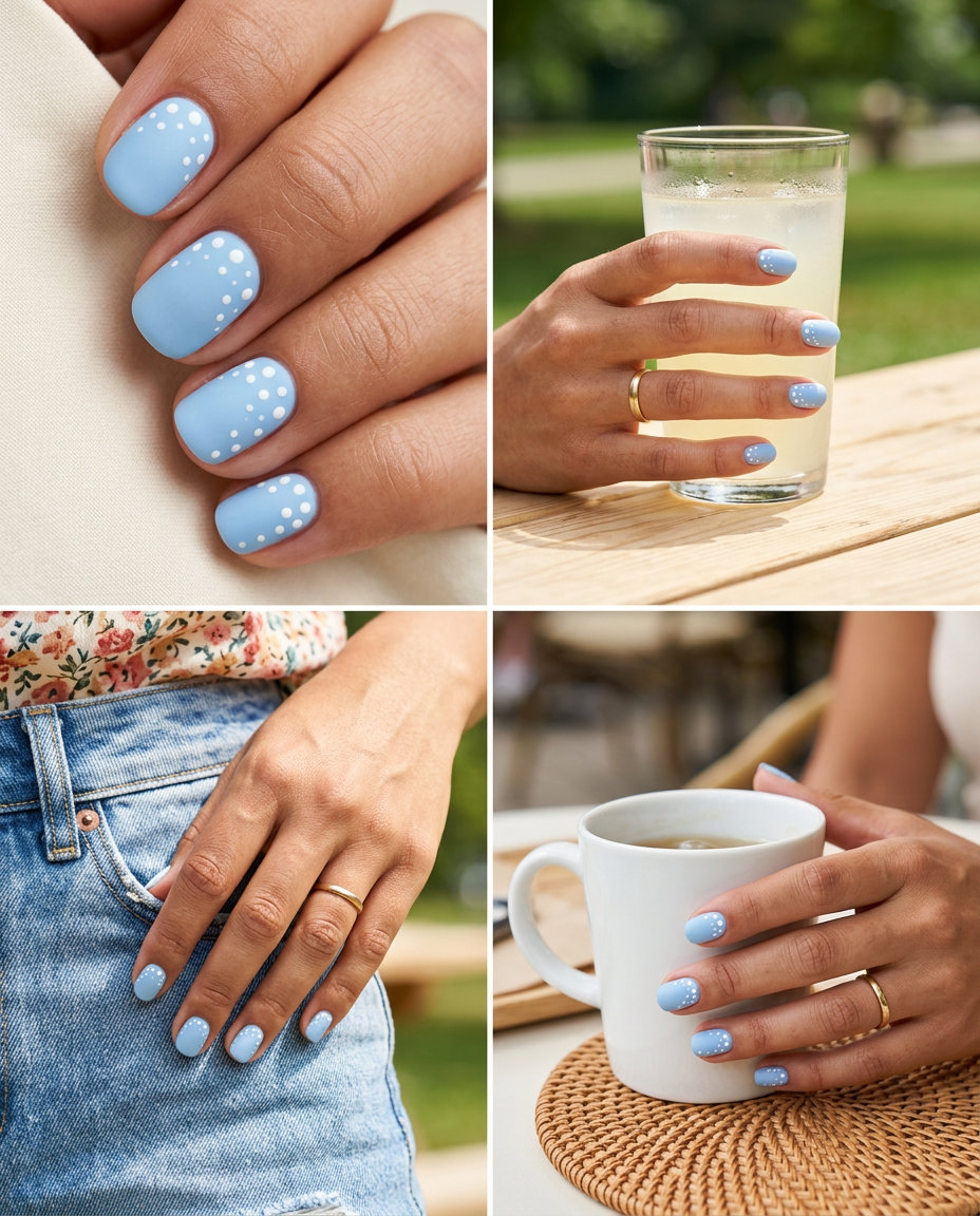 June Nails Ideas 2026: Cloud Nine Dots Cloud Nine Dots nails in sky blue with matte finish for casual outings, June nails ideas 2026.