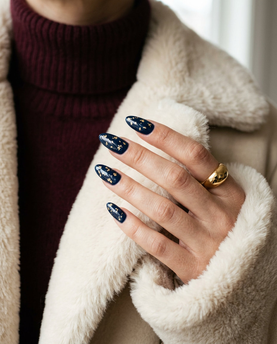 June Nails Ideas 2026: Cosmic Gold Foil Party Nails Navy blue nails with gold foil for June nails ideas 2026, great for parties.