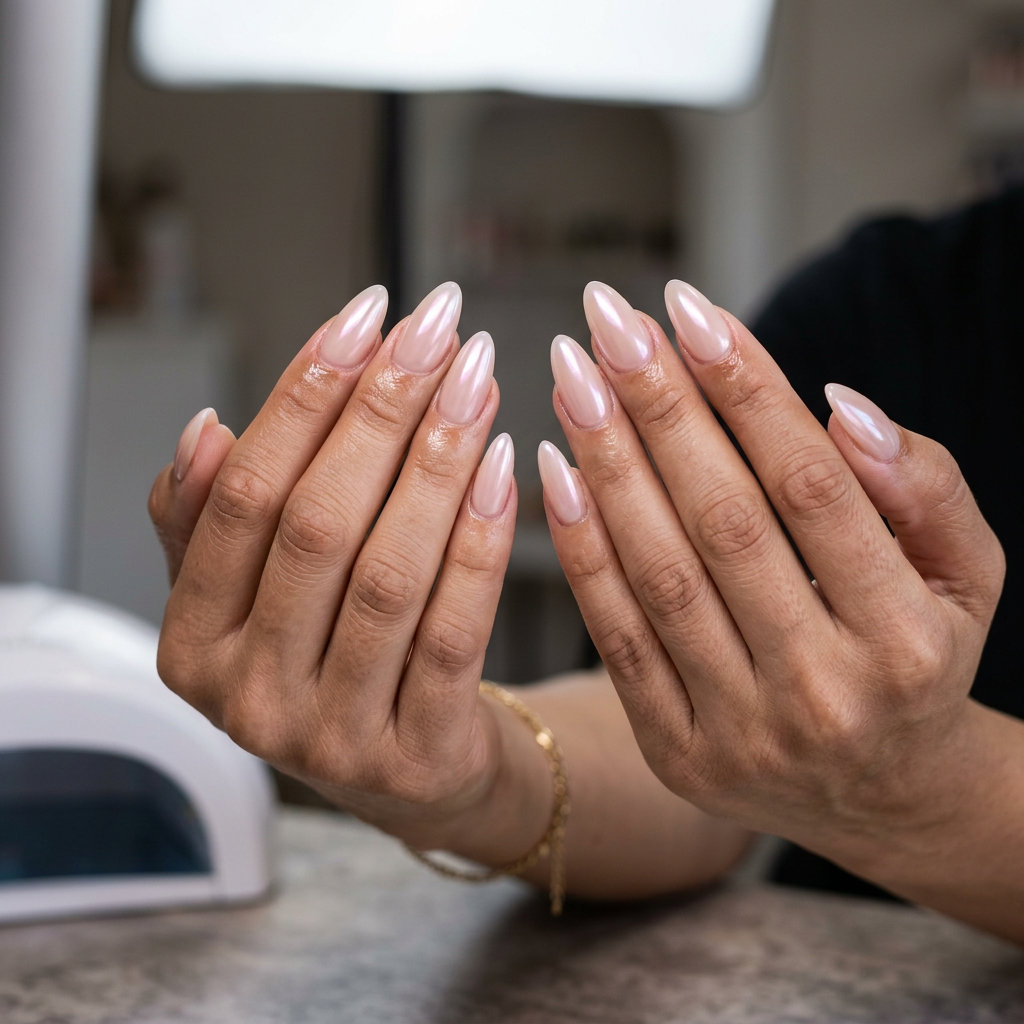 June Nails Ideas 2026: Ethereal Glazed Almond Ethereal Glazed Almond nails for weddings and date nights, June nails ideas 2026.