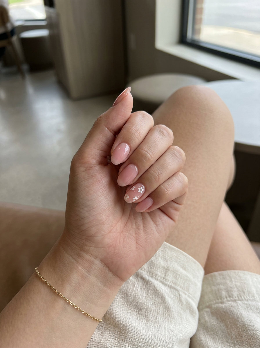 June Nails Ideas 2026: Romantic Garden Wedding Guest Nails Sheer pink nails with delicate white floral decals for June nails ideas 2026, perfect for weddings.