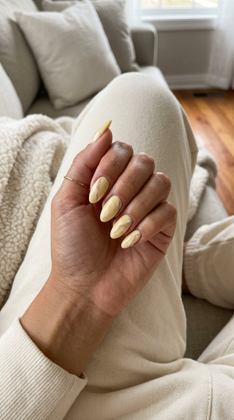 Butter yellow nails with marble effect for June nails ideas 2026, chic for brunch.